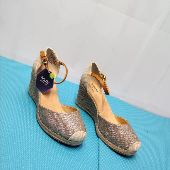 NWT SONOMA ECO ORTHOLITE COMFORT FOAM INSOLES GOLD GLITTERY ESPADRILLE SANDAL 8M - Picture 3 of 8